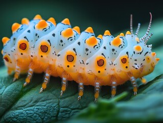 Close-up of a striking orange and white caterpillar with intricate patterns on a leaf