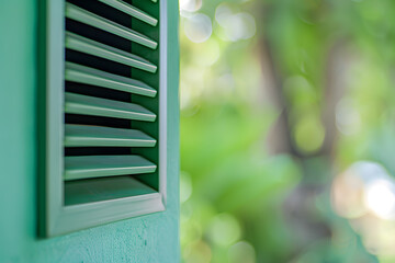 Green window louvers on exterior wall with blurred nature background