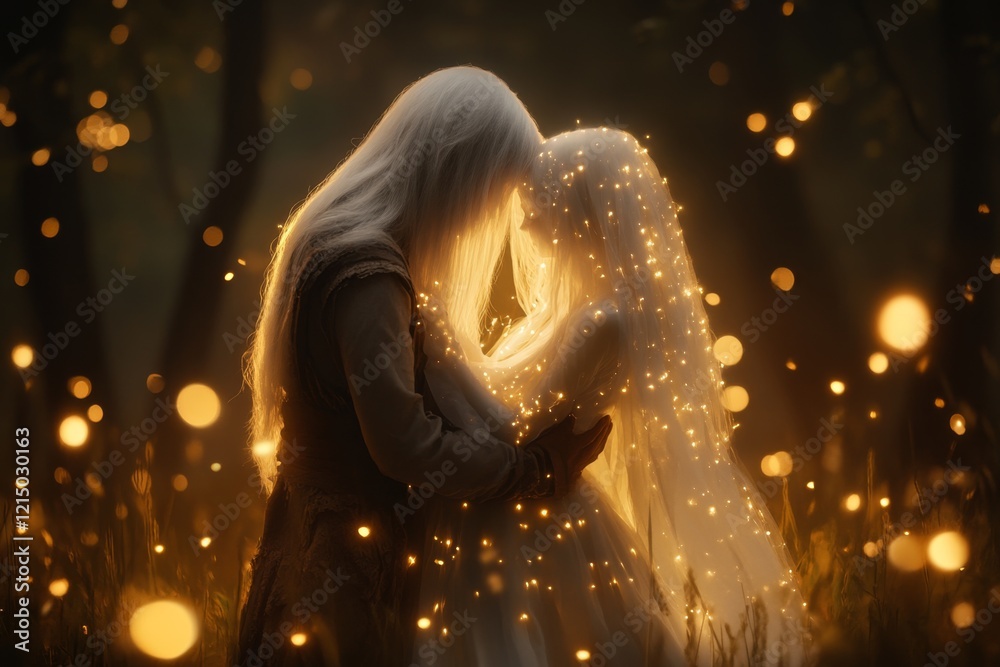 Poster a magical scene of two glowing, ethereal beings embracing in a mystical forest, with fireflies and s