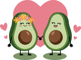 Happy valentine day cute smiling romantic avocado couple sharing love fun vector art illustration for valentine day