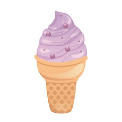 Ice cream in flat design. Purple berry frozen dessert in waffle cone cup. Vector illustration isolated.