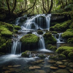 Obraz premium A crystal-clear waterfall cascading into a rocky pool, surrounded by mossy stones, with a blurred background of trees.