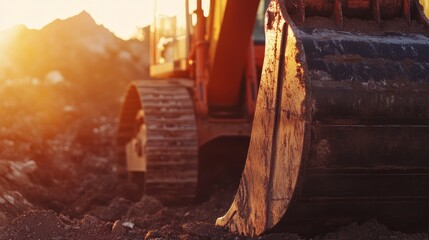 Close up view of a powerful excavator working at a construction site during a stunning sunset