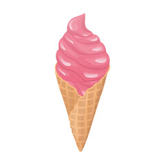 Ice cream in flat design. Pink fruit frozen milk dessert in wafer cone. Vector illustration isolated.