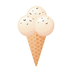 Ice cream in flat design. Frozen balls with chocolate chips in wafer cone. Vector illustration isolated.
