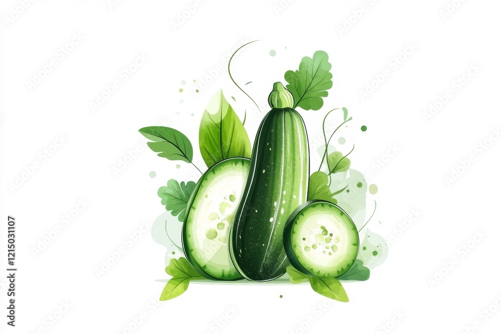 Poster a minimalist illustration of a single zucchini with clean black lines and a soft green gradient, pla