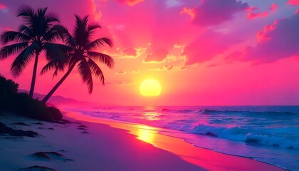 Fototapeta premium Pink Paradise: Vibrant Sunset on Tropical Beach