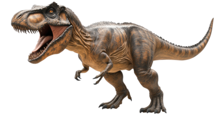 Tyrannosaurus Rex Roars: A fearsome Tyrannosaurus Rex, the king of the dinosaurs, stands poised for the hunt, its jaws agape in a fearsome roar, teeth bared in a prehistoric display of power.