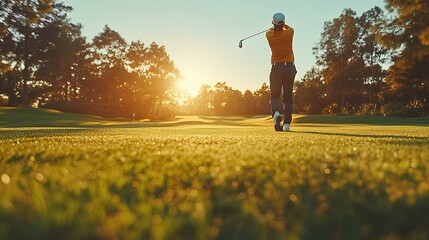 Male golf player on professional golf course. Golfer with golf club taking a shot