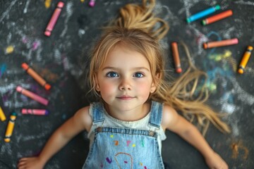 Portrait of a little girl lying down on a dark floor with crayons around her