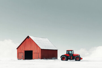 Red tractor driving away from a red barn in a snowy field, creating a striking contrast against the winter landscape