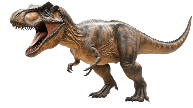 Tyrannosaurus Rex Roars: A fearsome Tyrannosaurus Rex, the king of the dinosaurs, stands poised for the hunt, its jaws agape in a fearsome roar, teeth bared in a prehistoric display of power.