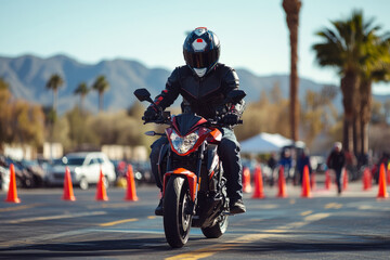 Obraz premium Biker riding a red sport motorcycle on a track with cones, practicing safe maneuvering