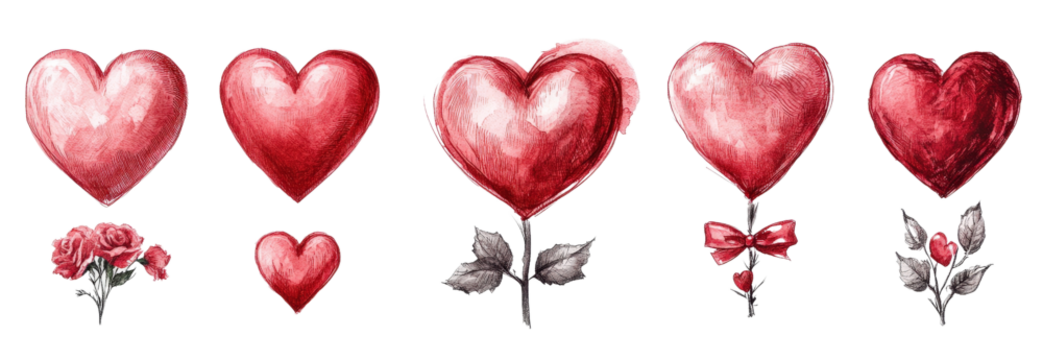 A cluster of red hearts surrounded by vibrant flowers on a light background isolated on transparent background. - Powered by Adobe