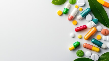 Colorful Assortment of Tablets and Capsules on White Background with Green Leaves for Health and Wellness Concepts