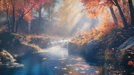 Fototapeta premium Autumnal Stream Flows Through Misty Forest Scene