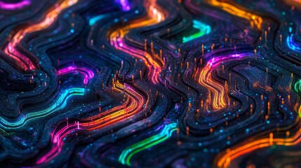 Aerial perspective of vibrant neon circuits intertwined, reflecting the pulse of a digital realm