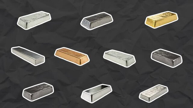 Bars of gold, silver, platinum, bronze and other metals in a white outline move chaotically. Concept of precious metals. Stop motion animation on black paper background