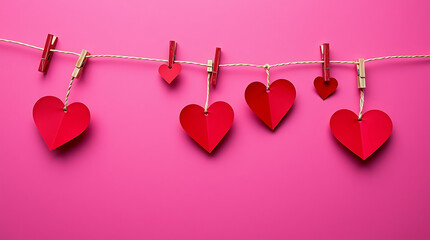 A string of red paper hearts is attached by clothespins against a pink background. This Valentine's-themed image is selected as the active image for editing.