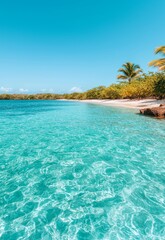 Naklejka premium Stunning Coral Reefs by a Serene White Sandy Beach Under a Clear Blue Sky