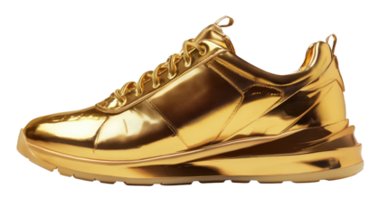Golden Sneaker: A dazzling, metallic gold sneaker, gleaming with a polished finish. The sleek silhouette and luxurious detail capture the essence of fashion and style.