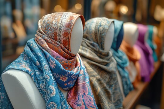 A chic fashion boutique with a display of intricately designed scarves, each piece a testament to detailed craftsmanship and elegance