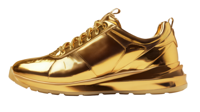 Golden Sneaker: A dazzling, metallic gold sneaker, gleaming with a polished finish. The sleek silhouette and luxurious detail capture the essence of fashion and style.