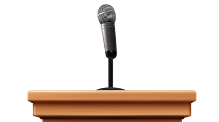 The Podium Awaits: A single microphone stands confidently on a wooden podium, ready to amplify the voice of a speaker, inviting listeners to gather around and engage in a meaningful dialogue. 