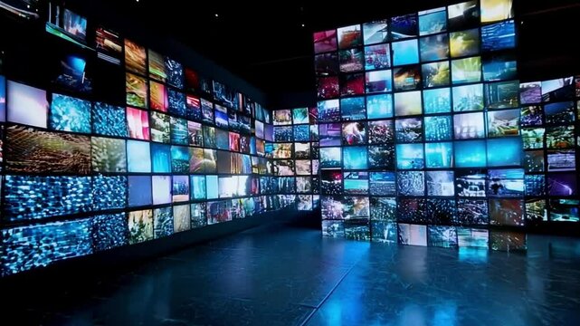 Futuristic chamber featuring a multitude of sleek monitors and screens seamlessly integrated into a striking video wall, illuminating the room with a dynamic experience. Generative AI