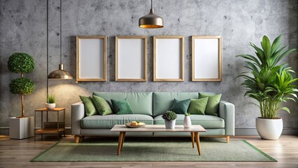 Four Empty Picture Frames in Modern Living Room - Urban Exploration Mockup