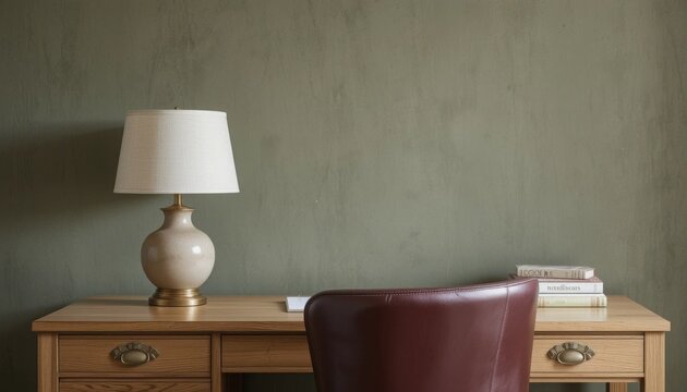 A warm and inviting workspace showcases a wooden desk with a charming lamp, inviting creativity. A burgundy chair complements this tranquil environment filled with books