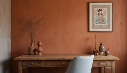 A cozy workspace showcases a wooden desk adorned with elegant pottery and framed artwork on an earthy orange wall. The arrangement radiates tranquility, perfect for creativity