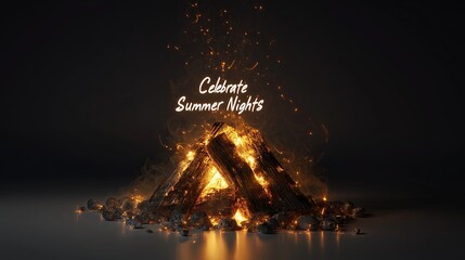 Celebrate Summer Nights text above a glowing bonfire with sparks rising, set against a dark background, symbolizing warmth and seasonal gatherings. High quality illustration