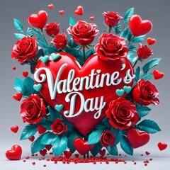 A vibrant Valentine's Day card concept featuring red hearts and roses. Valentine's Day 3D Text image.Happy valentines day greeting card banner lettering romantic red pink love heart theme.