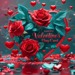 A vibrant Valentine's Day card concept featuring red hearts and roses. Valentine's Day 3D Text image.Happy valentines day greeting card banner lettering romantic red pink love heart theme.