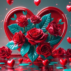A vibrant Valentine's Day card concept featuring red hearts and roses. Valentine's Day 3D Text image.Happy valentines day greeting card banner lettering romantic red pink love heart theme.