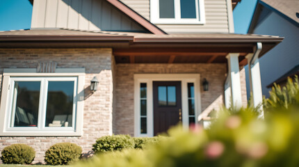 Dream House Exterior: Brick Facade, Lush Landscaping, and Inviting Front Door