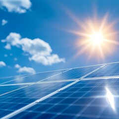 Bright Sunlight Over Reflective Solar Panels in Clear Blue Sky
