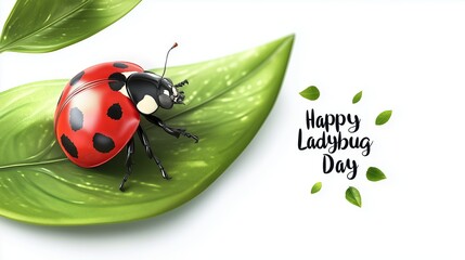 Happy Ladybug Day text with a vibrant red ladybug sitting on a green leaf, symbolizing nature and environmental awareness. High quality illustration