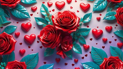 A vibrant Valentine's Day card concept featuring red hearts and roses. Valentine's Day 3D Text image.Happy valentines day greeting card banner lettering romantic red pink love heart theme.