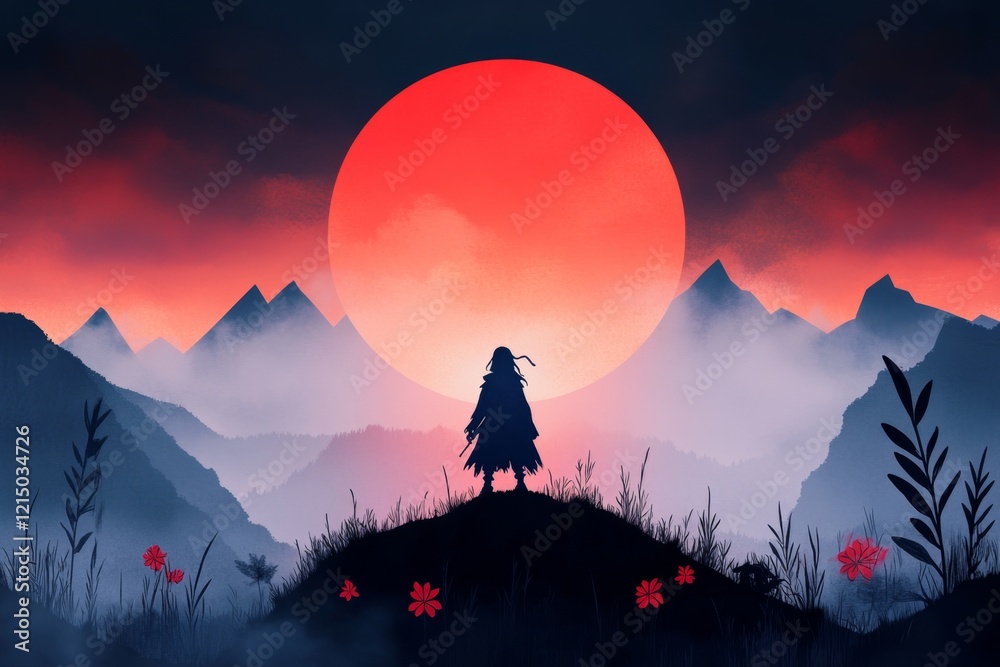 Poster a pixel art scene of a small character standing on a hill under a rising sun, surrounded by pixelate