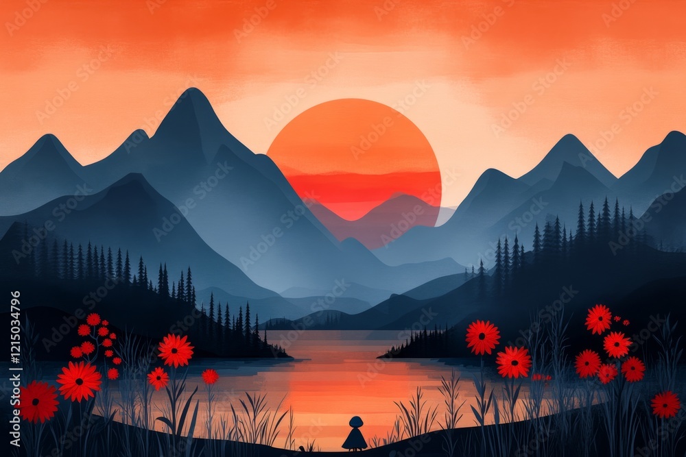 Poster a pixel art scene of a small character standing on a hill under a rising sun, surrounded by pixelate