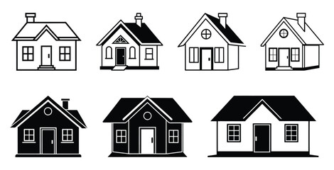 Set of Outline House Illustrations.  Minimalist House Line Art Collection. Simple Black and White Home Designs. Basic House Icons in Line Drawing Style.