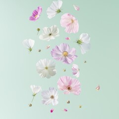 Fototapeta premium Pastel green background features many colourful flowers levitating. Pink white, purple flowers float in surreal aesthetic. Summer spring vibes. Wonderful visual for wallpaper decoration. Trendy,