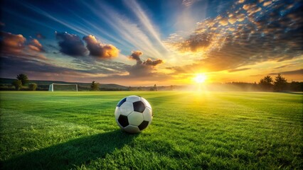 Lone Soccer Ball on Green Field, Dramatic Sunset Lighting, Conceptual Sports Photography