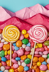 Enchanting Candyland Scene with Giant Lollipops and Colorful Sweets on Blue Background