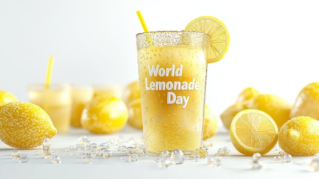 National Lemonade Day text with a refreshing glass of lemonade surrounded by fresh lemons, symbolizing summer and refreshment. High quality illustration