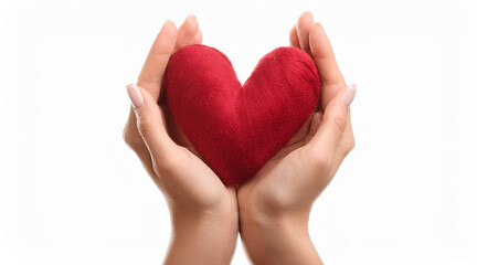 Hands Holding Red Heart on White Background. Close-up of hands gently holding a red heart, symbolizing love and care on a clean white background