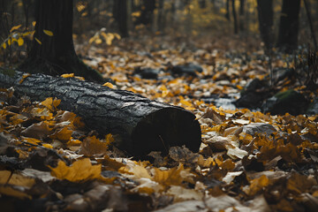Obraz premium Beautiful autumn forest with fallen leaves and a small stream in the middle