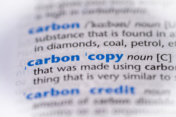 Carbon copy word in a dictionary. Selective focus, close up.